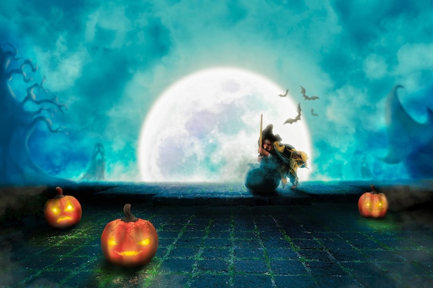 Conceito de festival de halloween, a bruxa está inventando veneno em um caldeirão mágico e abóbora, lua cheia