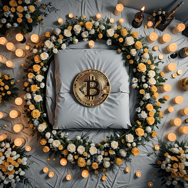 Foto conceito de fim de criptomoeda com bitcoin e flores funerárias