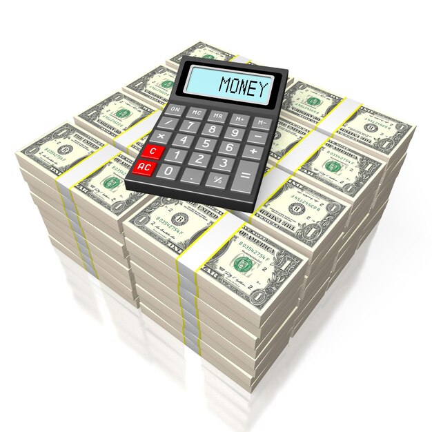 Conceito de finanças de notas bancárias de dólar de calculadora