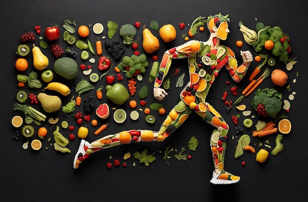 Conceito de fitness e estilo de vida saudável Homem correndo entre frutas e legumes