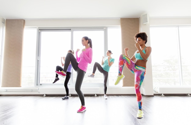 Foto conceito de fitness, esporte, treinamento, pessoas e artes marciais - grupo de mulheres trabalhando em posição de luta no ginásio