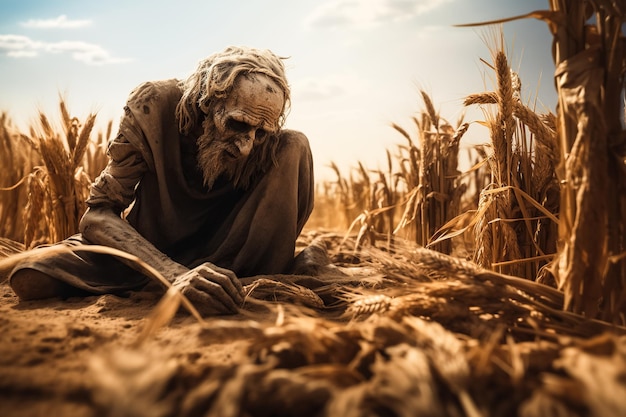 Conceito de fome e aquecimento global com um crânio e uma palha de trigo no campo