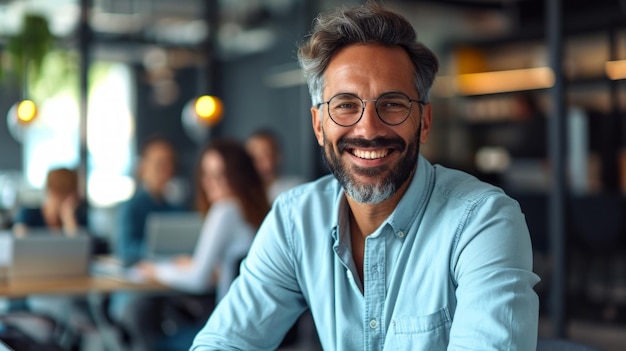 Foto conceito de foto de um homem em um ambiente de escritório profissional sorrindo calorosamente enquanto se envolve em uma discussão com colegas ai gerativa