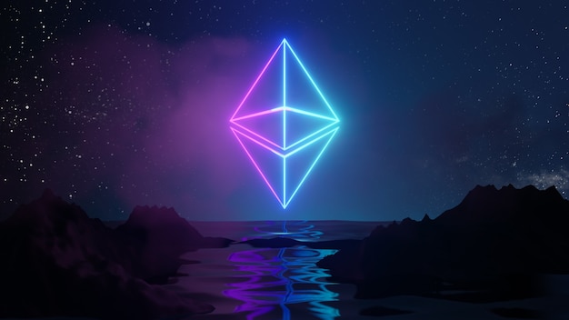 Conceito de fundo abstrato de tecnologia de criptomoeda Ethereum. Logotipo do brilho azul rosa reflete na água e no fundo da paisagem em Azul. Renderização de ilustração 3D.