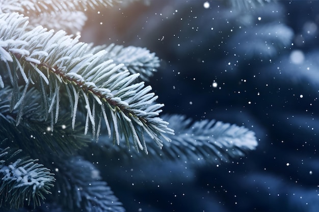 Conceito de fundo de banner de Natal e inverno Galhos de pinheiros nevados de Natal fecham