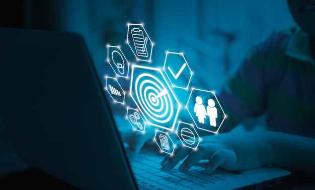 Conceito de fundo de crescimento de negócios Mostrar gráfico de marketing analisando mudanças no mercado de ações em fundo azul