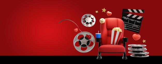 Foto conceito de fundo de filme de cinema conceito de filme de relógio de assento de cinema com renderização em 3d de espaço de cópia