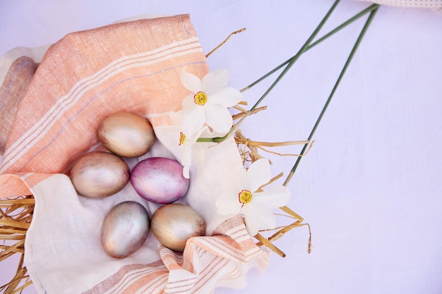 Conceito de fundo de páscoa ovos de páscoa na cesta de palha de vime veri peri roxo e laranja ovos multicoloridos flores de narciso vista de cima copiar espaço