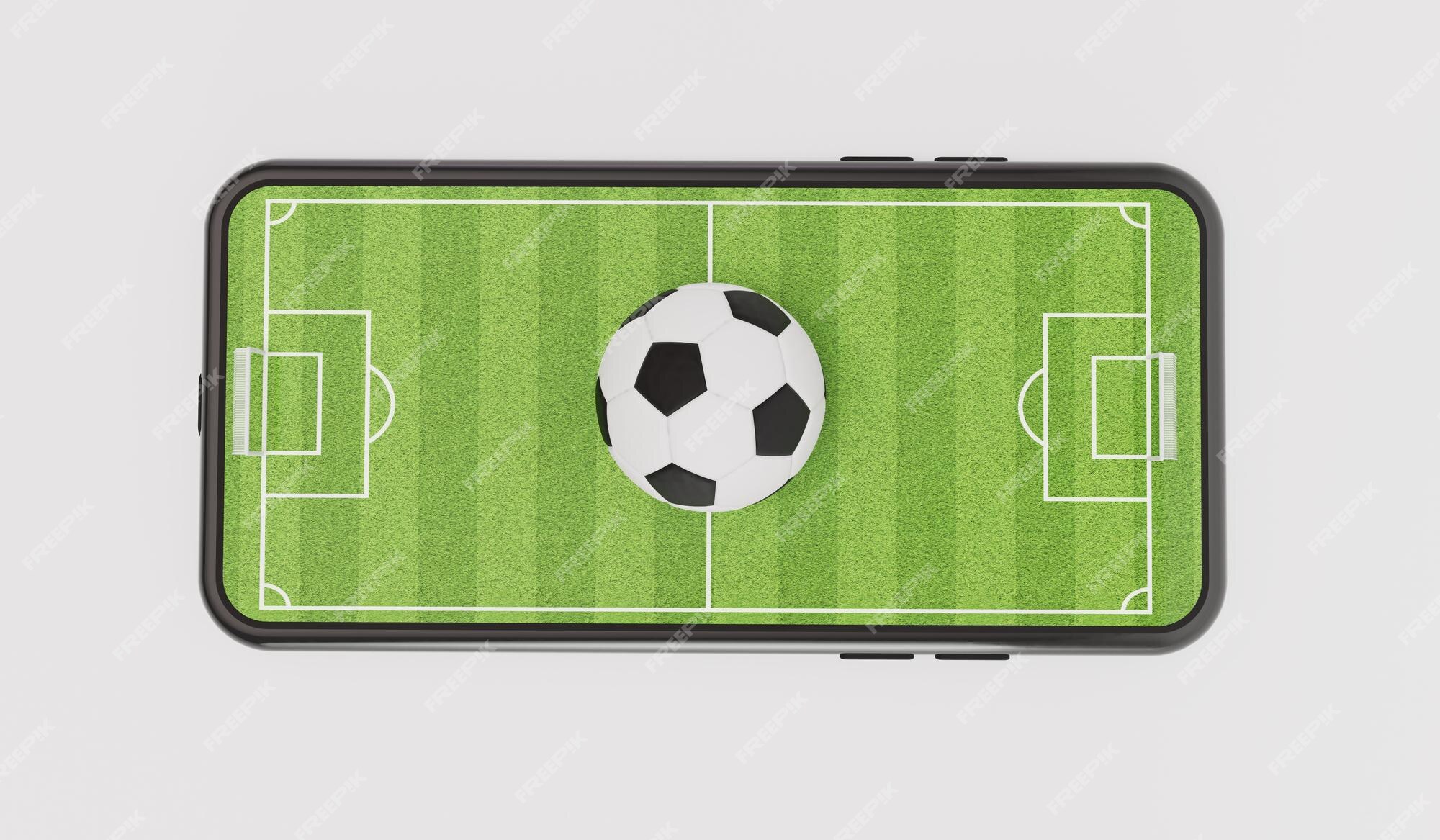 Conceito de futebol online bola de futebol em um smartphone com um campo de  futebol 3d rendering