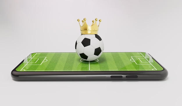 Conceito de futebol online Bola de futebol em um smartphone com um campo de futebol 3D Rendering