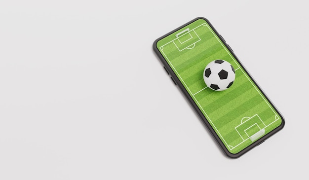 Conceito de futebol online bola de futebol em um smartphone com um campo de  futebol 3d rendering