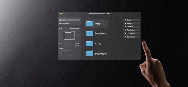 Foto conceito de gerenciamento de documentos ícones de tela virtual sistema de gerenciamento de documentos dms software de banco de dados de documentos online para arquivamento eficiente, pesquisa e gerenciamento de arquivos e dados da empresa