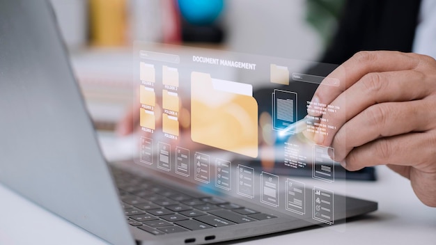 Foto conceito de gerenciamento de documentos ícones de tela virtual sistema de gerenciamento de documentos dms software de banco de dados de documentos online para arquivamento eficiente, pesquisa e gerenciamento de arquivos e dados da empresa