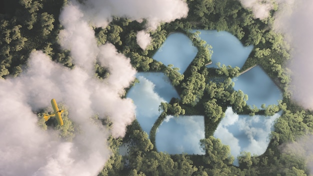 Foto conceito de gestão de resíduos ecológico. sinal de reciclagem em forma de lago no meio da densa vegetação da floresta amazônica vista do alto acima das nuvens com um pequeno avião amarelo. renderização 3d.