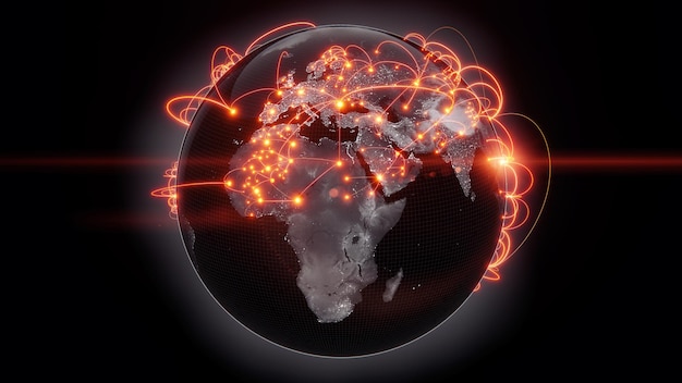 Conceito de globalização e comunicação Terra e raios luminosos renderização em 3d