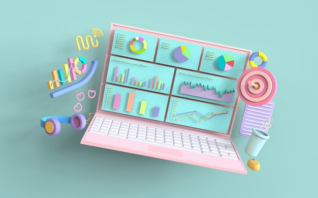 Conceito de gráfico de barras de marketing digital de laptop de mídia social renderização em 3d