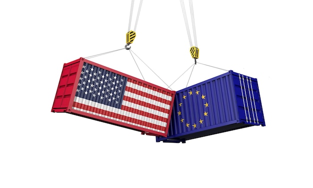 Conceito de guerra comercial dos eua e europa conflitantes contêineres de carga d render