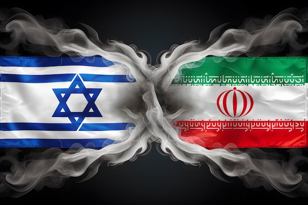 Conceito de guerra de conflito ilustrado por bandeiras fumegantes de Israel e Irã
