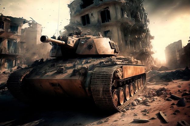 Conceito de guerra e tanque destruído na cidade Generative AI