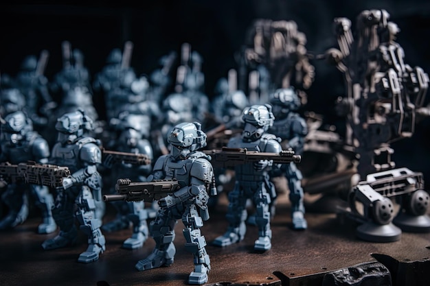 Conceito de guerra Silhuetas militares cena de luta Fundo de soldados de brinquedo Foco seletivo Formação do exército de robôs com engrenagens táticas AI gerada