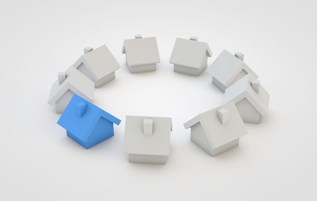 Conceito de habitação A casa azul se destaca das demais Renderização em 3D