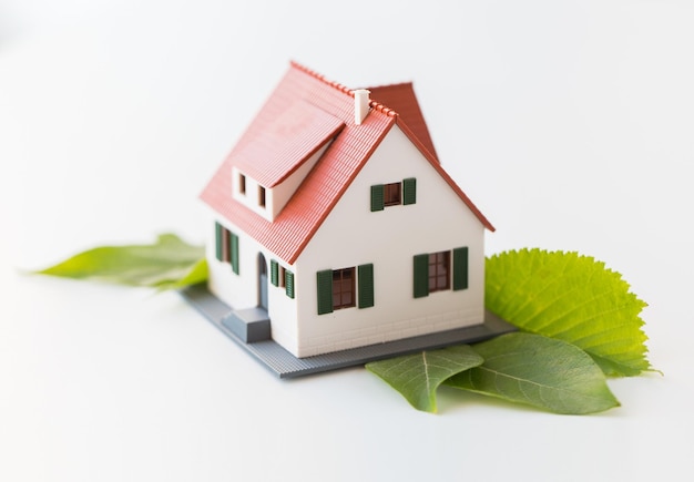 conceito de habitação, meio ambiente e ecologia - close-up do modelo de casa viva e folhas verdes