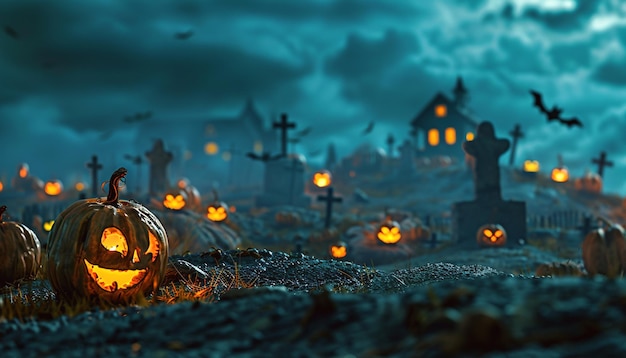 conceito de Halloween abóboras no cemitério na noite assustadora
