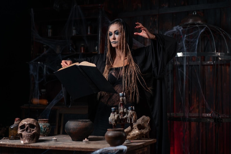 Foto conceito de halloween bruxa vestida de capuz preto com dreadlocks em pé na sala de masmorras escuras usa livro mágico para conjurar feitiço mágico