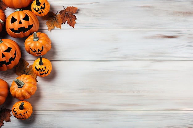 Conceito de Halloween com abóboras e decorações em fundo de madeira Vista superior