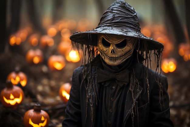 conceito de Halloween fantasma assustador no campo de abóboras foco seletivo