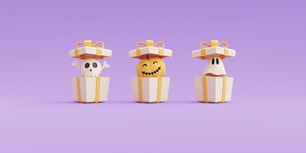 Conceito de Halloween feliz, caixa de presente 3d aberta com personagens de abóbora, fantasma, osso e crânio na renderização background.3d roxa.