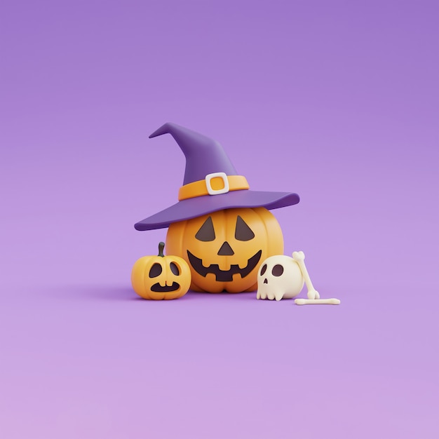 Conceito de halloween feliz, personagem de abóboras usando chapéu de bruxa, crânio, renderização de bone.on background.3d roxo.