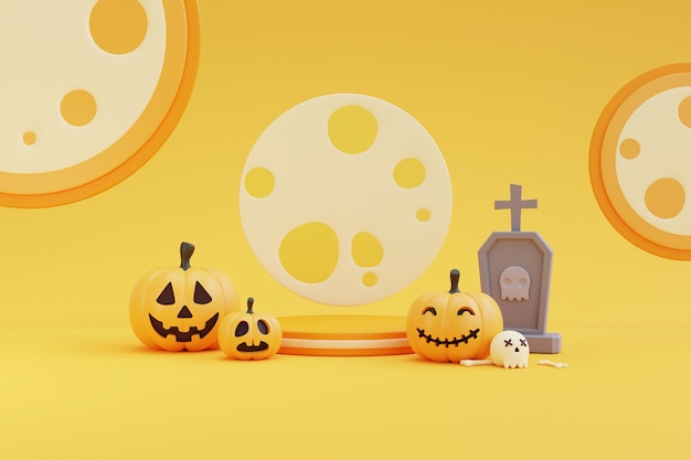 Conceito de Halloween, pódio para exposição de produtos com caráter de abóboras, lápide, crânio, osso sob a renderização de background.3d amarelo luar.