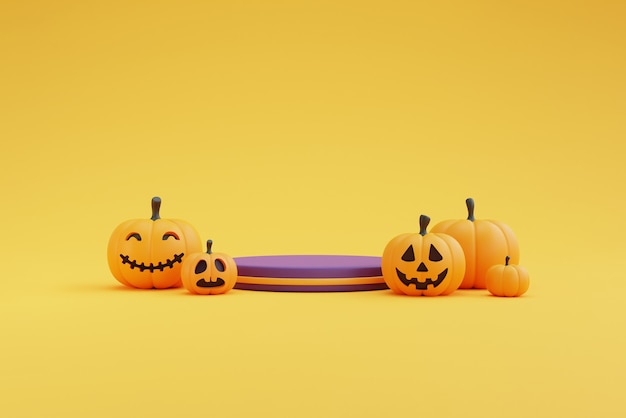 Conceito de Halloween, pódio para exposição de produtos com decorações e personagens de abóboras. Na renderização de background.3d amarelo.