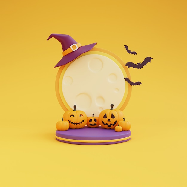 Conceito de Halloween, pódio para exposição de produtos com o luar usando chapéu de bruxa e personagens de abóboras. Na renderização de background.3d amarelo.
