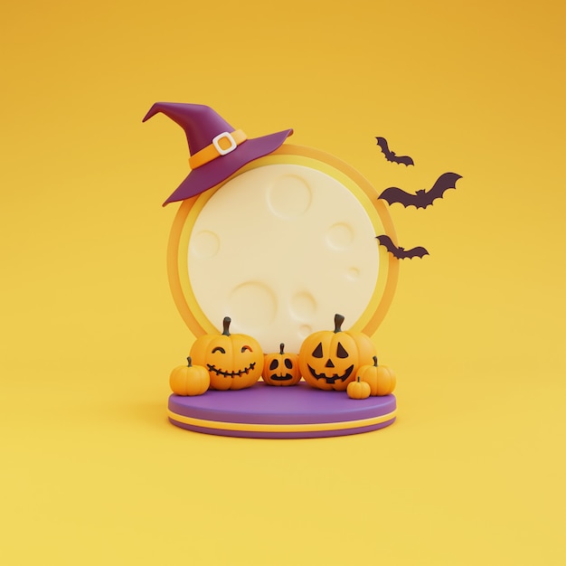 Conceito de halloween, pódio para exposição de produtos com o luar usando chapéu de bruxa e personagens de abóboras. na renderização de background.3d amarelo.