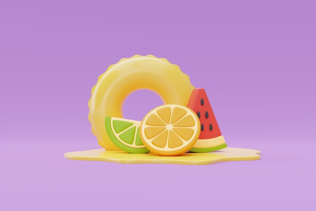 Conceito de horário de verão com anel inflável e frutas coloridas de verão em fundo roxo renderização em 3d