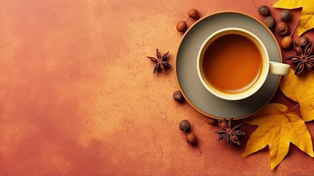 Conceito de humor de outono foto de cima de uma xícara de chá com fatia de limão