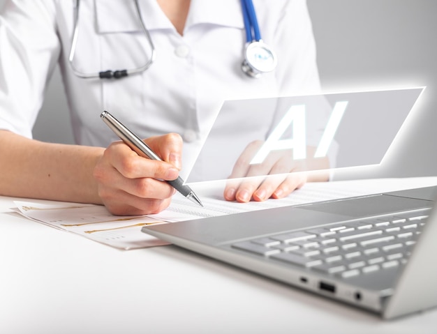 Conceito de IA médica Médico usando inteligência artificial em medicina e saúde no trabalho