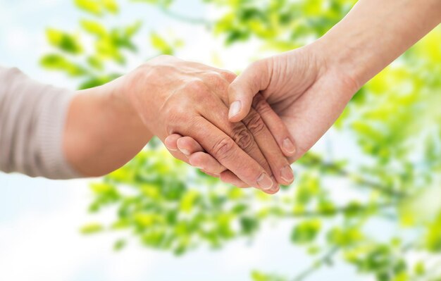 conceito de idade, geração e cuidado - close de mulher idosa e jovem segurando as mãos sobre um fundo natural verde