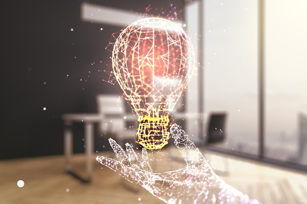 Foto conceito de ideia criativa com ilustração de lâmpada e desktop moderno com computador em fundo multiexposure