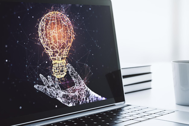 Foto conceito de ideia criativa com ilustração de lâmpada na tela do laptop moderno 3d rendering