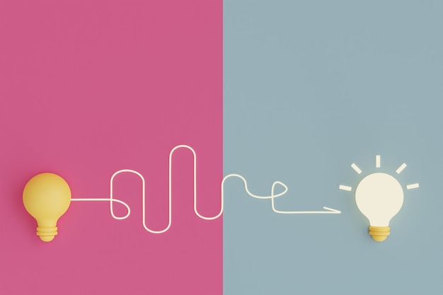 Foto conceito de ideia e criatividade com lâmpada em fundo rosa e azul