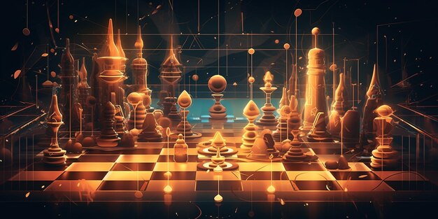 Tabuleiro de xadrez dourado com peças primorosamente desenhadas em suas  posições iniciais generative ai