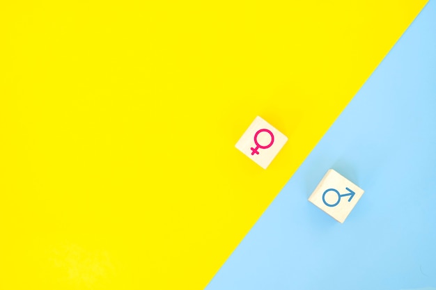 Conceito de igualdade de gênero. Ícone de mulher de negócios e empresário em fundo amarelo e azul.