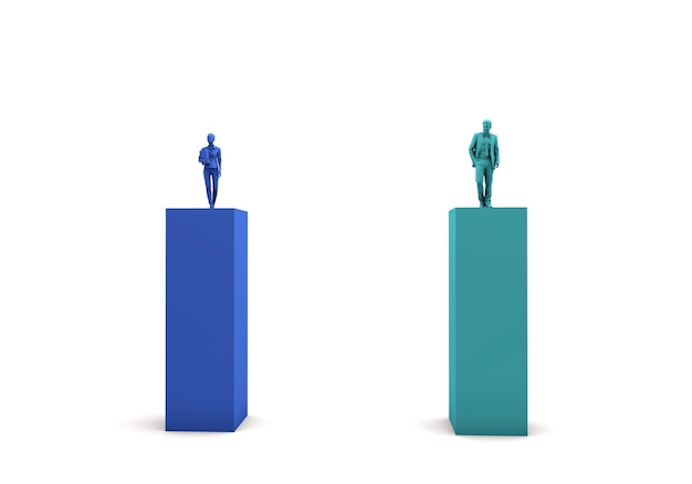 Foto conceito de igualdade de gênero empresária e empresário em duas torres 3d rendering