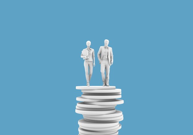 Conceito de igualdade de pagamento de gênero homem e mulher em uma pilha de moedas 3D Rendering