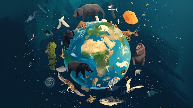 Conceito de ilustração do Dia Nacional do Animal de Estimação Um grupo de animais circula um globo AI generativo