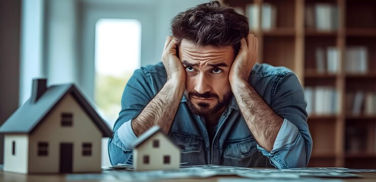 Conceito de imóvel e conceito de hipoteca homem triste mostrando casa maket e dinheiro olhando chateado