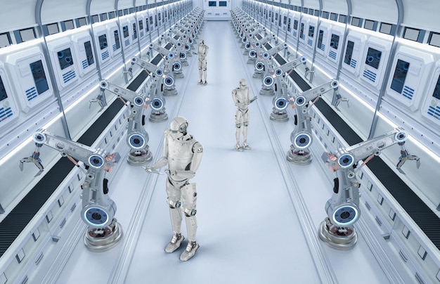 Conceito de indústria de automação com linha de montagem de robô de renderização 3d na fábrica